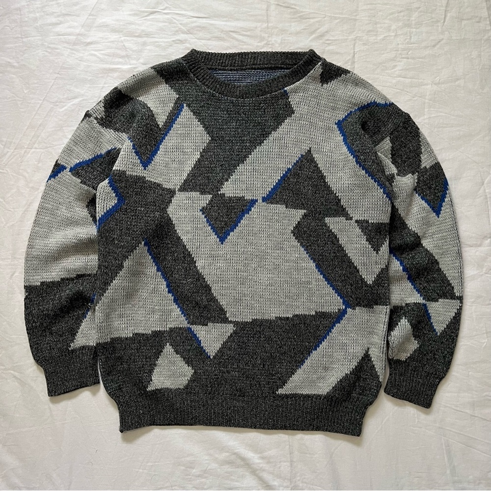 Gray and Blue Crewneck Sweater with Geometric Design